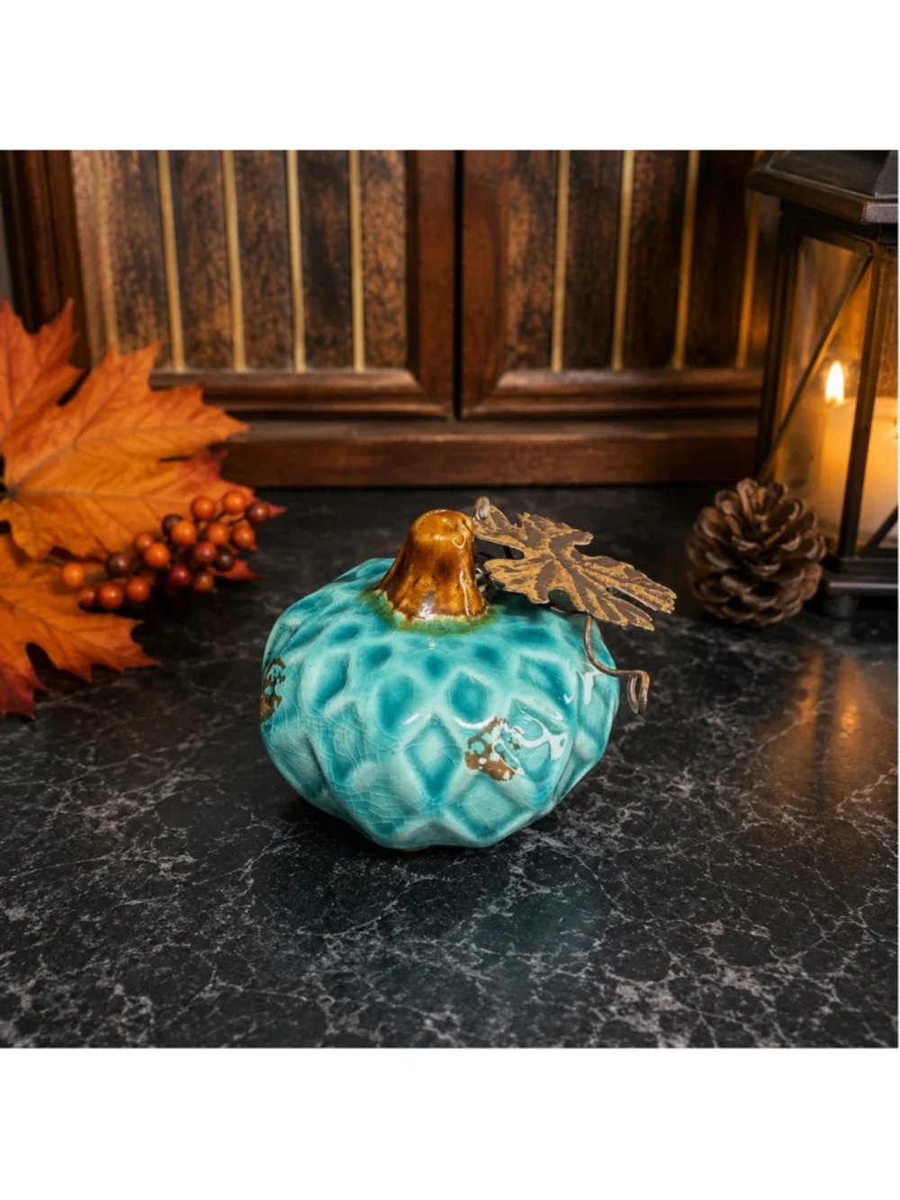 Turquoise Crackle Ceramic Pumpkin with Metal Leaf Fall Harvest Table Decor